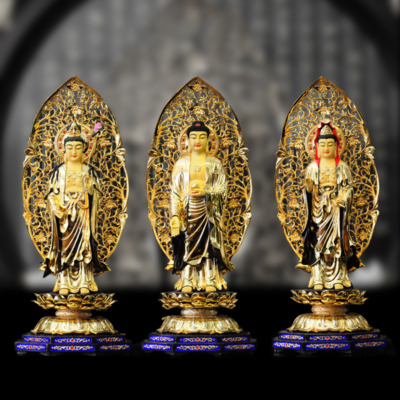 Bộ Tượng Tây Phương Tam Thánh Đứng, Bằng Đồng, Cao 70cm (Tổng Lá Đề 88cm)