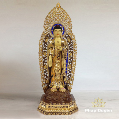 Alternative view of Bộ Tượng Tây Phương Tam Thánh Đứng, Bằng Đồng, Cao 68cm (Tổng Lá Đề 84cm)