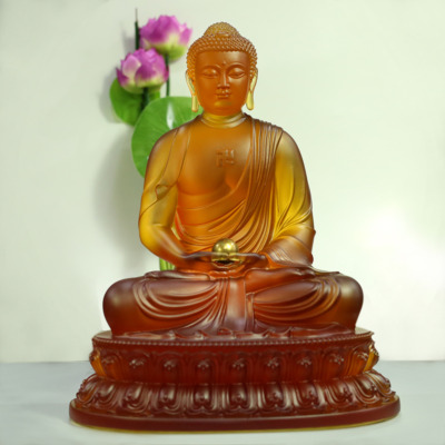 Tượng Bổn Sư Thích Ca Ngồi Tĩnh Tâm Bằng Lưu Ly Màu Hổ Phách Cao Cấp, Cao 30cm