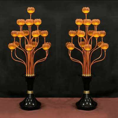 Đôi Đèn Thờ Led Hoa Sen Cửu Liên Thủy Lưu Ly 19 Bông Vàng, Thân Hợp Kim, Cao 160cm