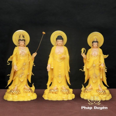 Bộ Tượng Tây Phương Tam Thánh Đứng, Bột Đá Thạch Anh Viền Vàng, Cao 90cm