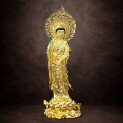 Tượng Quan Âm Đứng, Bằng Đồng Dát Vàng, Cao 66cm (Tổng Lá Đề 80cm)