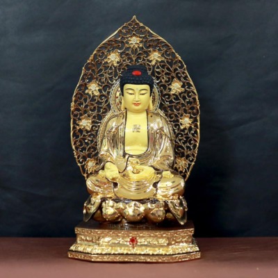 Tượng A Di Đà Ngồi Hoa Sen bằng Đồng Đế 8 Cạnh, Cao 30cm, Tổng Lá Đề 40cm