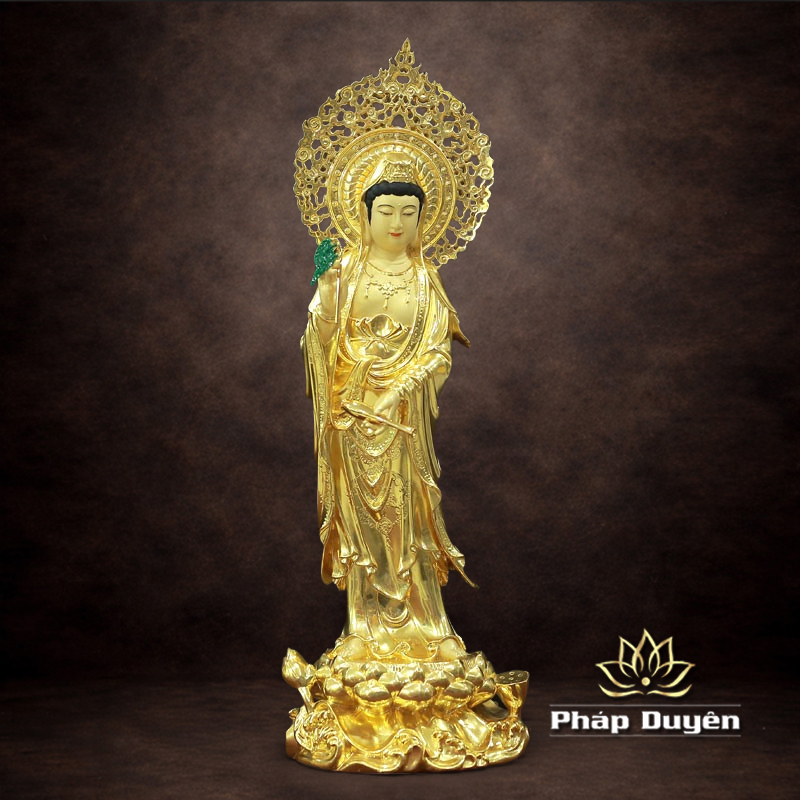 Tượng Quan Âm Đứng, Bằng Đồng Dát Vàng, Cao 66cm (Tổng Lá Đề 80cm) - ảnh 5