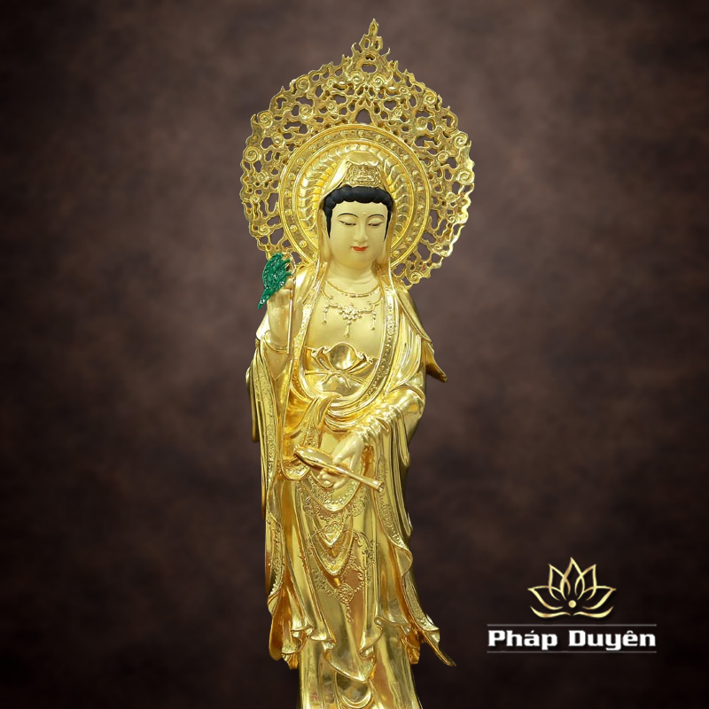 Tượng Quan Âm Đứng, Bằng Đồng Dát Vàng, Cao 66cm (Tổng Lá Đề 80cm) - ảnh 8