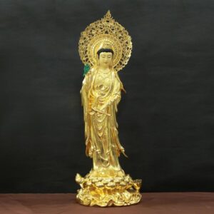Tượng Phật Bà Quan Âm Đứng Có Lá Đề, Bằng Đồng Đài Loan Dát Vàng, Cao 66cm (Tổng Lá Đề 80cm)