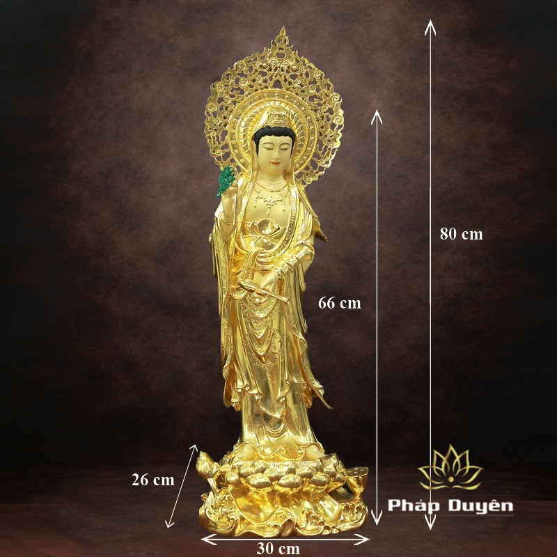 Tượng Quan Âm Đứng, Bằng Đồng Dát Vàng, Cao 66cm (Tổng Lá Đề 80cm) - ảnh 10
