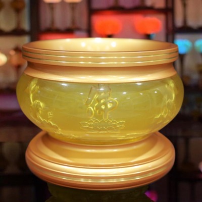 Bát Hương Hà Vận Lưu Ly Vàng Viền Thẳng Hoa Sen Chìm Đế Đồng, Nhiều Kích Thước