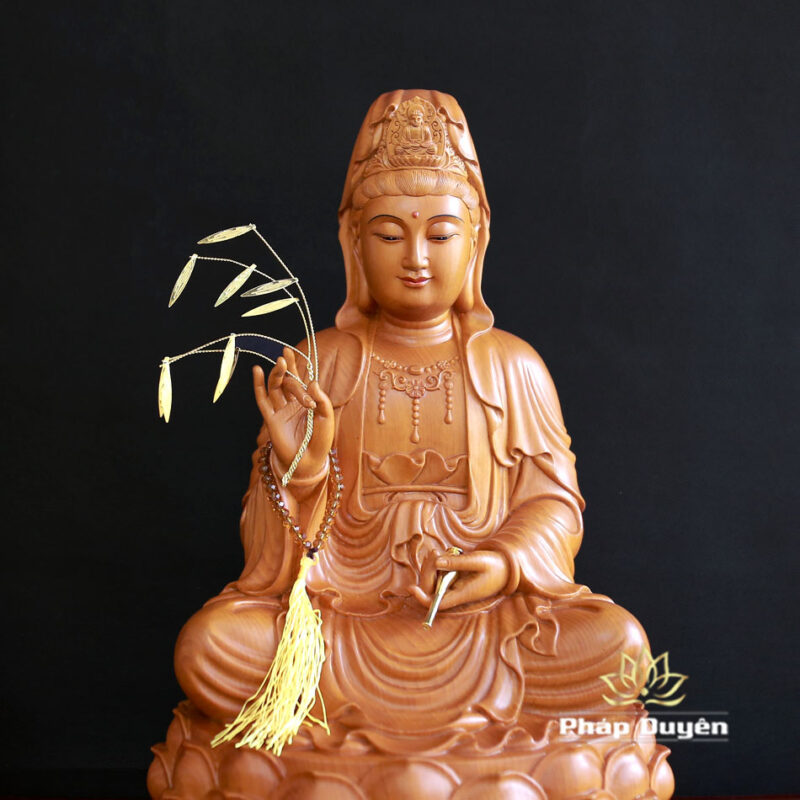 Tượng Quan Âm Ngồi Đài Sen, Chất Liệu Gỗ Pơ Mu, Cao 40cm - Ảnh 4
