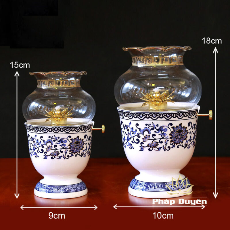 Đèn Dầu Sứ Trắng Hoa Sen Xanh, Cao 15cm, 18cm - Ảnh 5