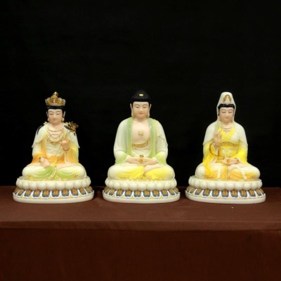 Bộ Tượng Tây Phương Tam Thánh Ngồi, Bằng Bột Đá Màu Ngọc Cẩm Thạch Vàng, Cao 40cm