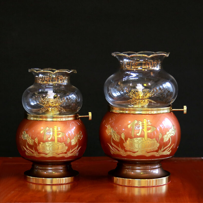 Đèn Dầu Hoa Sen Chữ Phật Bằng Đồng Màu Đỏ, Cao 16.5cm | 20cm - Ảnh 2