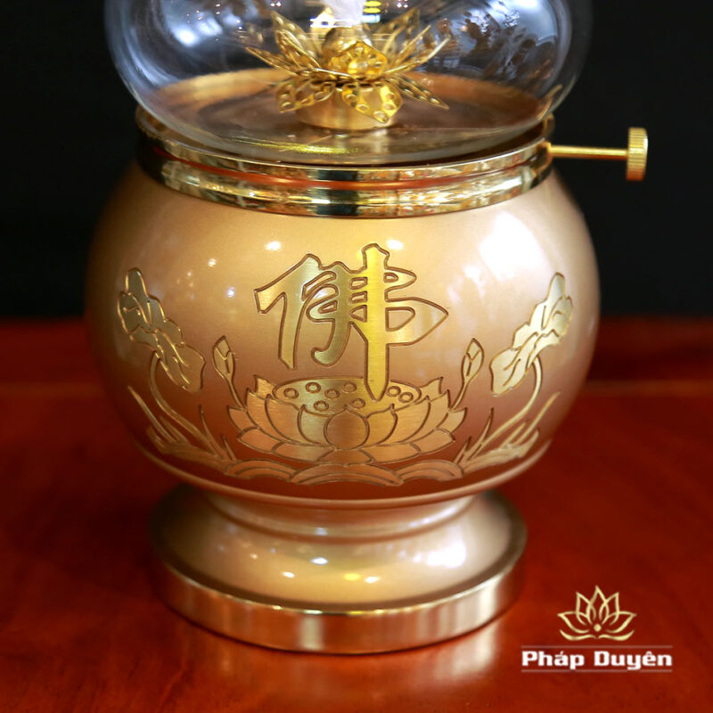 Đèn Dầu Hoa Sen Chữ Phật Bằng Đồng Màu Vàng, Cao 16.5cm | 20cm - Ảnh 4