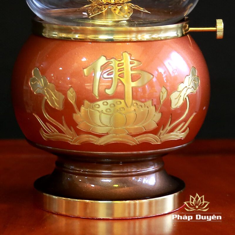 Đèn Dầu Hoa Sen Chữ Phật Bằng Đồng Màu Đỏ, Cao 16.5cm | 20cm - Ảnh 4