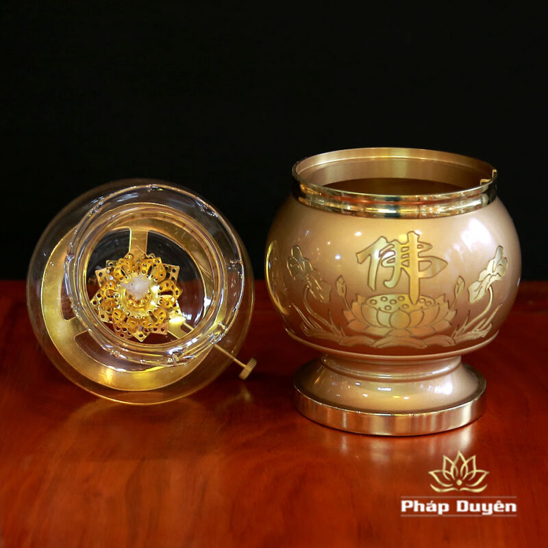 Đèn Dầu Hoa Sen Chữ Phật Bằng Đồng Màu Vàng, Cao 16.5cm | 20cm - Ảnh 6