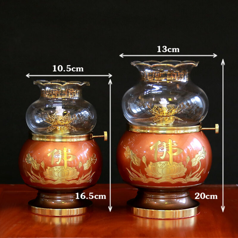 Đèn Dầu Hoa Sen Chữ Phật Bằng Đồng Màu Đỏ, Cao 16.5cm | 20cm - Ảnh 6
