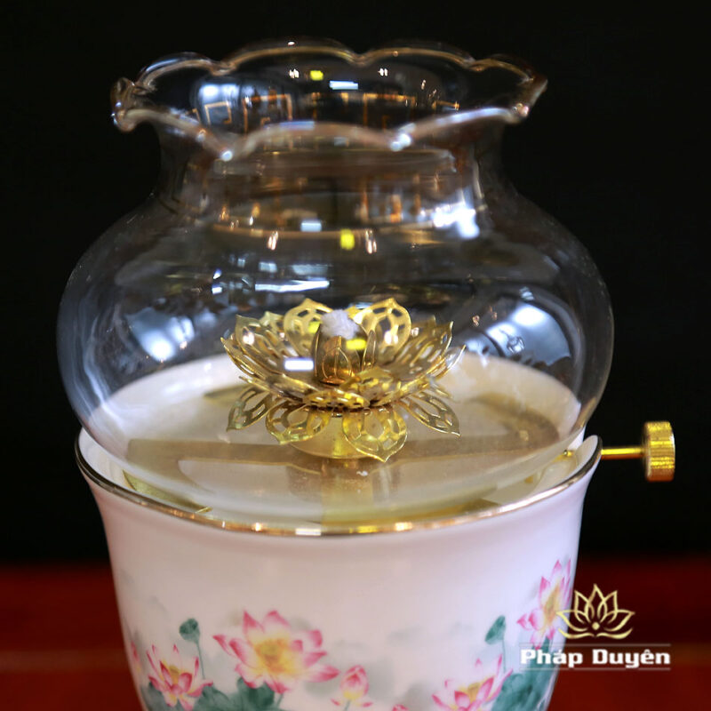 Đèn Dầu Sứ Trắng Hoa Sen Hồng Lá Xanh, Cao 15cm, 18cm - Ảnh 2