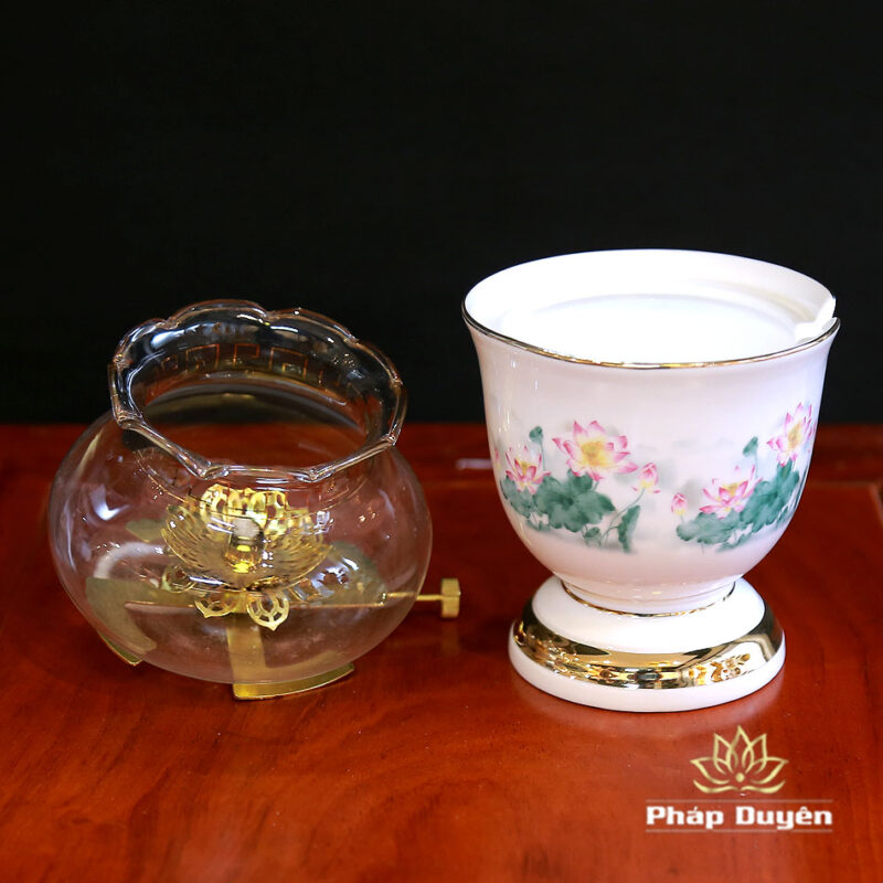 Đèn Dầu Sứ Trắng Hoa Sen Hồng Lá Xanh, Cao 15cm, 18cm - Ảnh 3