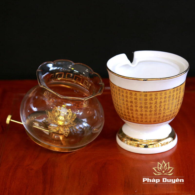 Đèn Dầu Sứ Trắng Tâm Kinh Vàng, Cao 15cm, 18cm - Ảnh 4