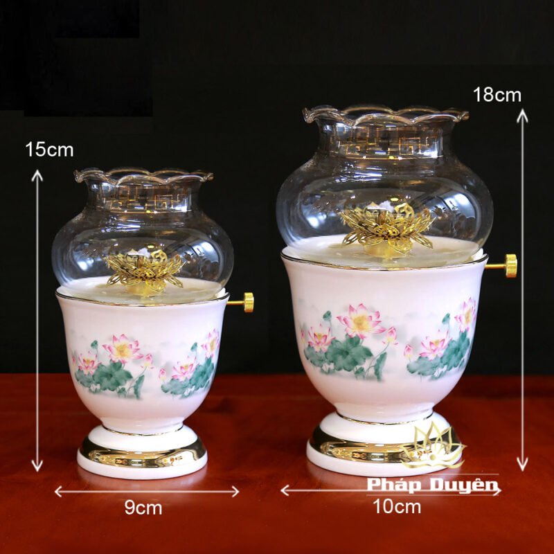 Đèn Dầu Sứ Trắng Hoa Sen Hồng Lá Xanh, Cao 15cm, 18cm - Ảnh 4