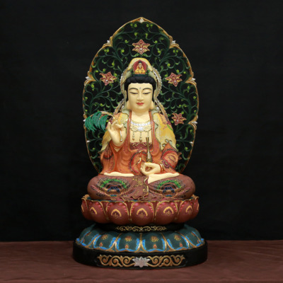 Tượng Quan Âm Ngồi Bằng Đồng Vẽ Gấm, Cao 68cm (Tổng Lá Đề 83cm)