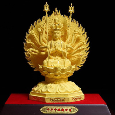 Tượng Bồ Tát Quan Âm Ngàn Tay Ngồi, Nhung Vàng Kim Sa, Cao 13cm, 15cm