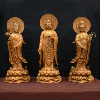 Bộ Tượng Tây Phương Tam Thánh Đứng, Bằng Gỗ Hương Chương (Long Não) Điểm Vàng, Cao 66cm