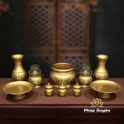 Bộ Đồ Thờ Hoa Sen Chữ Phật Đồng Vàng