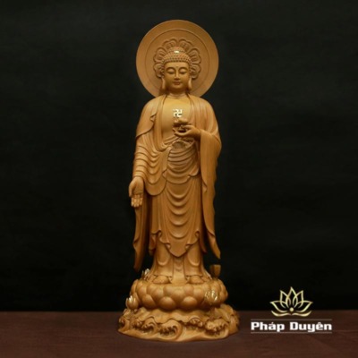 Alternative view of Bộ Tượng Tây Phương Tam Thánh Đứng, Bằng Gỗ Hương Chương (Long Não) Điểm Vàng, Cao 66cm