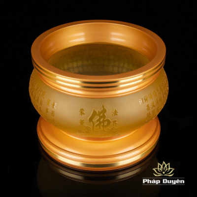 Alternative view of Bát Hương Tâm Kinh Khắc Chìm Hoa Sen Chữ Phật Vàng, Đường Kính 25cm