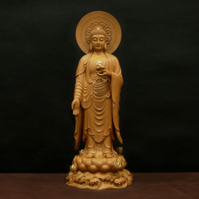 Tượng A Di Đà Đứng Bằng Gỗ Hương Chương (Long Não), Cao 66cm