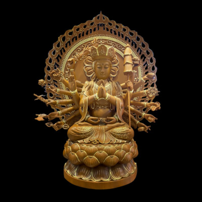 Tượng Chuẩn Đề Ngồi Bằng Gỗ Hương Chương Viền Vàng, Cao 30cm - 40cm