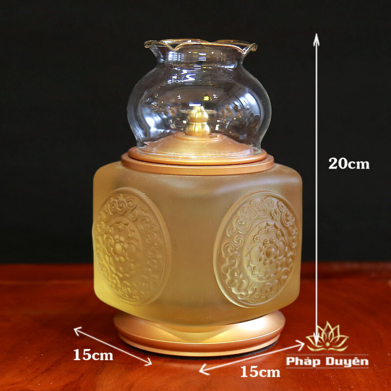 Đèn Dầu Vuông Lưu Ly Chân Đồng Vàng, Chạm Hình Bảo Tướng, Cao 20cm - Ảnh 5