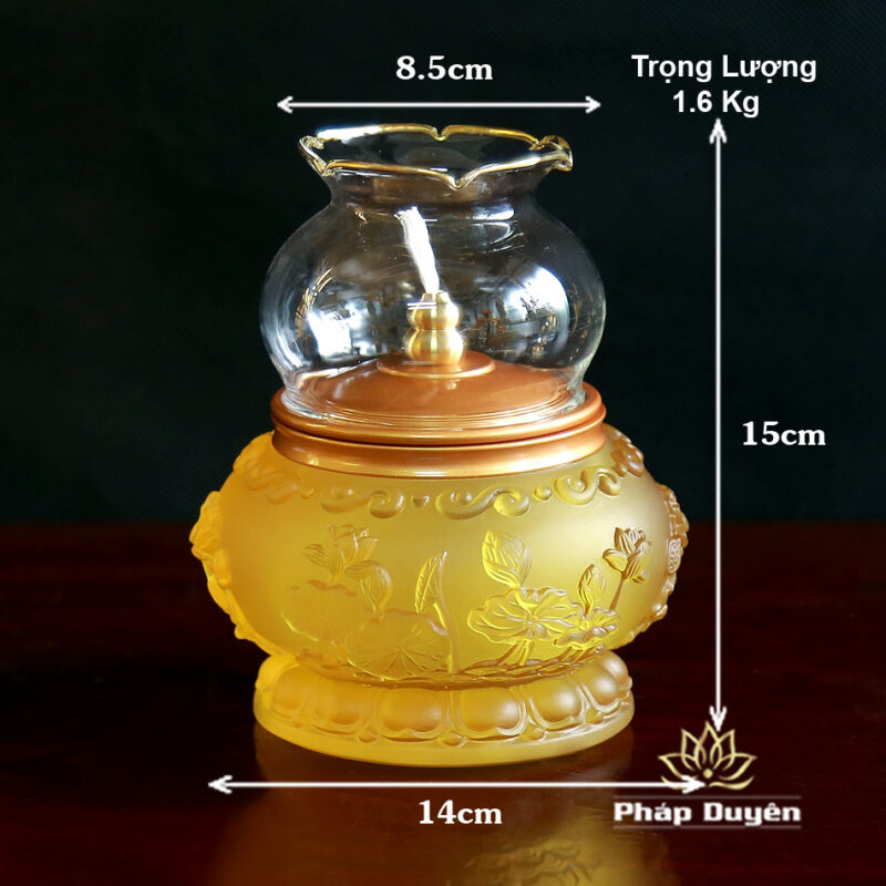 Đèn Dầu Lưu Ly Vàng Hoa Sen Nổi Không Đế, Cao 16cm - Ảnh 5