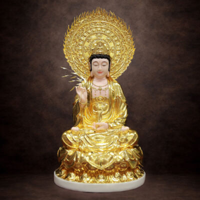 Tượng Quan Âm Bồ Tát Có Lá Đề Ngồi Đế Sen, Bột Đá Dát Vàng 998, Cao 66cm (Tổng Cao 82cm)