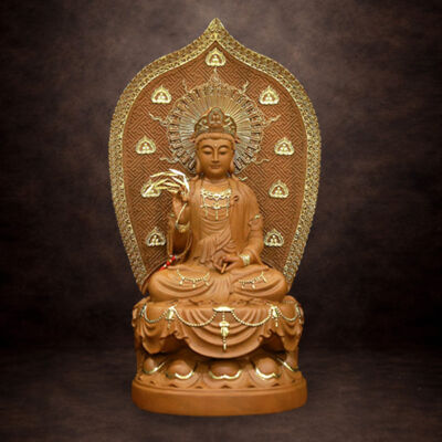 Tượng Quan Âm Ngồi Đài Sen, Gỗ Nguyên Màu, Cao 48cm (Tổng Lá Đề 65cm)