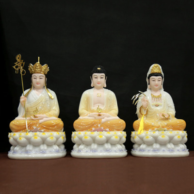 Bộ Ta Bà Tam Thánh Ngồi Đài Sen Sơn Vàng, Bằng Bột Đá, Cao 40cm