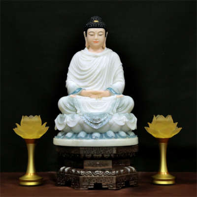 Tượng Thích Ca Mâu Ni Ngồi Tĩnh Tâm Áo Trắng Viền Xanh Bằng Bột Đá, Nhiều Kích Thước