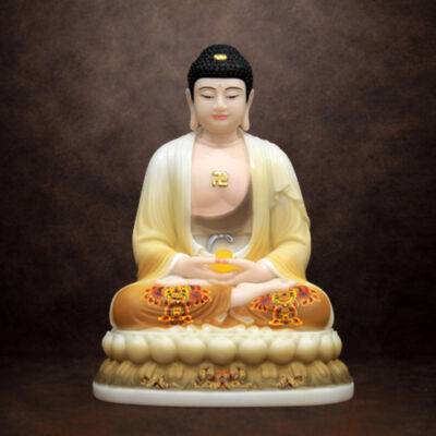 Tượng Phật A Di Đà Ngồi Đế Sen Vẽ Hoa, Bằng Bột Đá, Cao 40cm