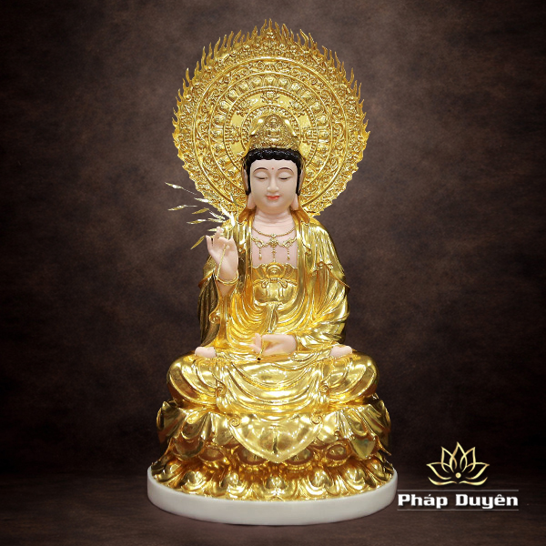 Tượng Quan Âm Bồ Tát Có Lá Đề Ngồi Đế Sen, Bột Đá Dát Vàng 998, Cao 66cm (Tổng Cao 82cm) - ảnh 5