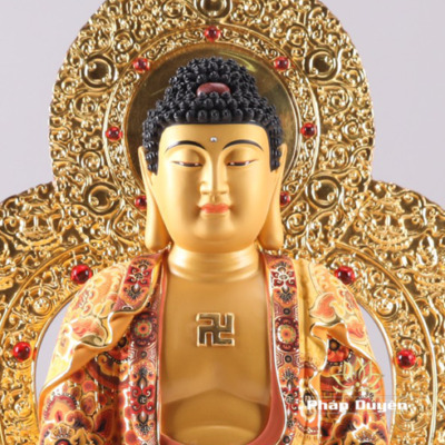 Alternative view of Tượng Phật Dược Sư Ngồi, Bằng Đồng Mạ Vàng, Cao Tổng Lá Đề 58cm