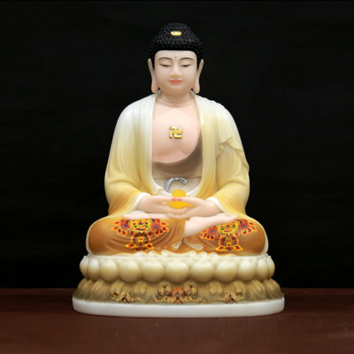 Tượng Phật A Di Đà Ngồi Đế Sen Vẽ Hoa, Bằng Bột Đá, Cao 40cm