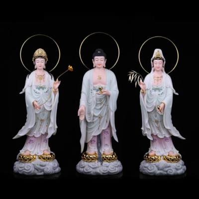 Bộ Tượng Tây Phương Tam Thánh Đứng Đài Sen Mạ Vàng Có Hào Quang, Bằng Bột Đá, Nhiều Kích Thước