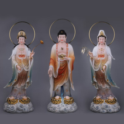 Bộ Tượng Tây Phương Tam Thánh Sơn Mầu Đứng Đài Sen Mạ Vàng Có Hào Quang, Bằng Bột Đá, Nhiều Kích Thước