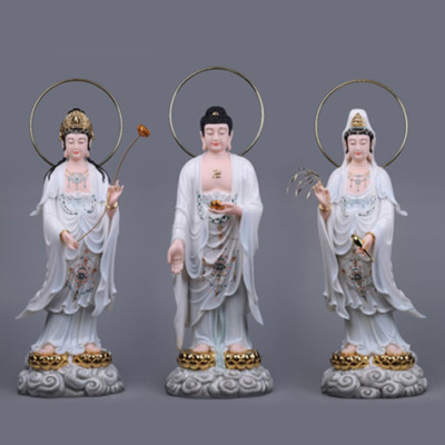 Bộ Tượng Tây Phương Tam Thánh Đứng Đài Sen Mạ Vàng Có Hào Quang,  Bằng Bột Đá, Nhiều Kích Thước