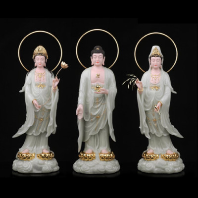 Bộ Tượng Tây Phương Tam Thánh Thạch Ngọc, Đứng Đài Sen Mạ Vàng Có Hào Quang, Bằng Bột Đá, Cao 66cm/91cm