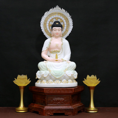 Tượng Dược Sư Ngồi Đài Sen, Màu Thiên Thanh, Bằng Bột Đá Cẩm Thạch, Cao 48cm