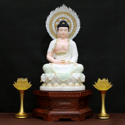 Tượng Phật A Di Đà Ngồi Đài Sen Có Lá Đề Màu Thiên Thanh, Bằng Bột Đá Cẩm Thạch , Nhiều Kích Thước