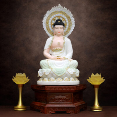 Tượng Phật Thích Ca Mâu Ni Ngồi Đài Sen Có Lá Đề, Bằng Bột Đá Cẩm Thạch Màu Thiên Thanh, Cao 40-66cm