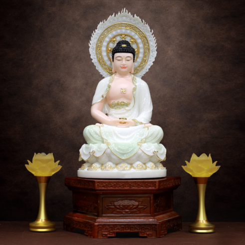 Tượng Phật Thích Ca Mâu Ni Ngồi Đài Sen Có Lá Đề, Bằng Bột Đá Cẩm Thạch Màu Thiên Thanh, Cao 40-66cm - ảnh 10